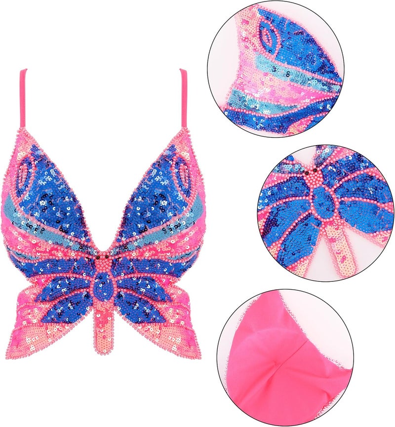 Mocure Womens Glitter Sequin Butterfly Crop Top Low-Cut Tank Top Rave Tube Vest Top for Belly Dance Costume Outfits - Image 5